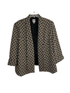 Anne Klein Jacket Lined Open Front XL Knit Chevron Beige Black Corporate Chic